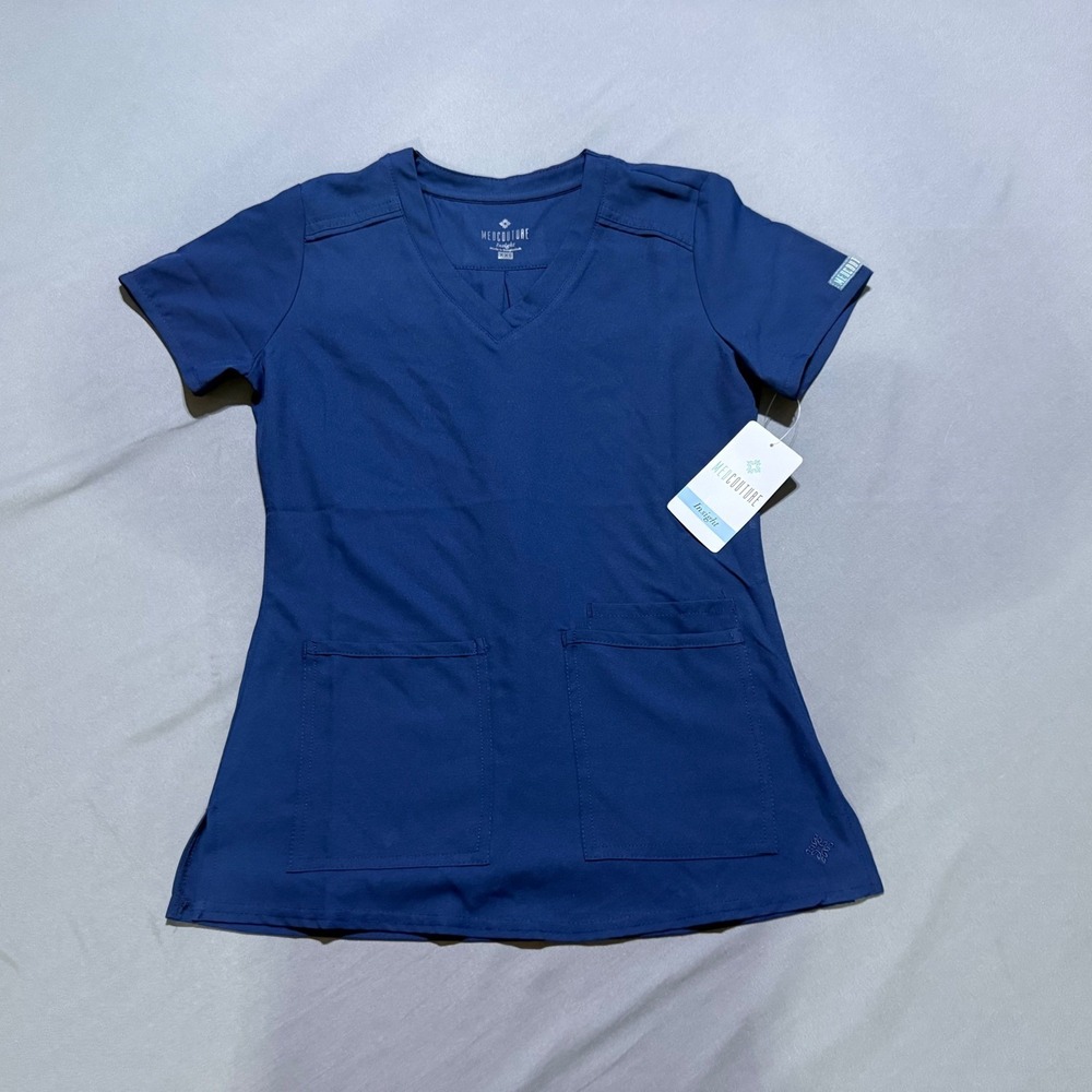 Med Couture Insight Scrub Top Women XXS Navy Blue V-Neck Pocket 2411